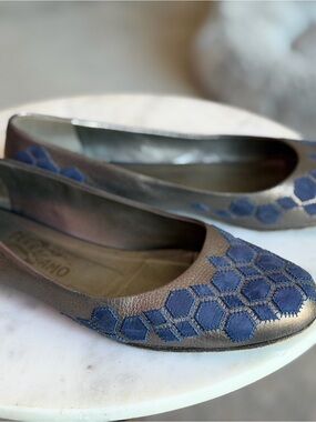 Salvatore Ferragamo Metallic Taupe Ballet Flats with Blue Hexagon Embroidery
